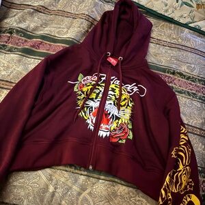 Ed Hardy Burgundy Hoodie with Tiger Graphic Brand New
